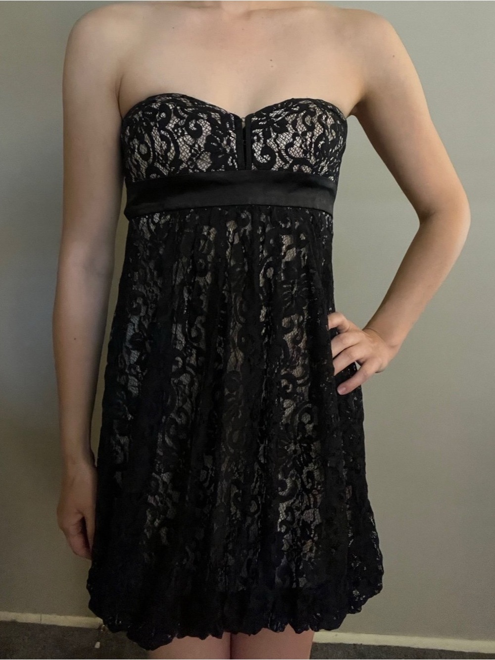 Strapless Black Lace Windsor Winter Formal Prom Mini Dress, XS